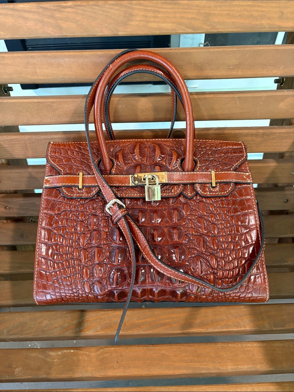 Croc-Embossed Satchel Handbag in Chestnut Brown, Real Leather
